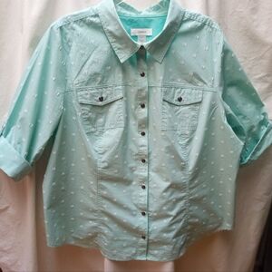 Christopher & Banks Mint Green Button-Front Shirt with Embroidered Dots